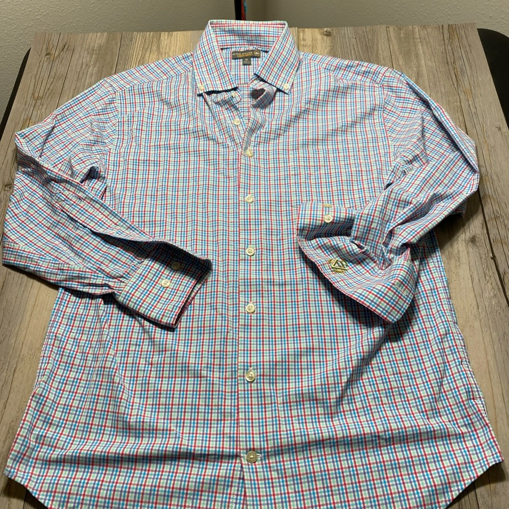 Peter Millar Mens Long Sleeve Plaid Button Shirt Summer Comfort Cuff Logo Medium